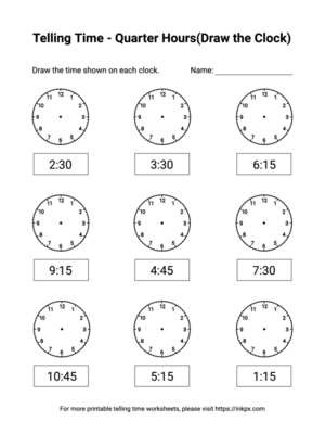 Free Printable Quarter Hours(Draw the Clock) Telling Time Worksheets #2