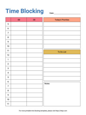 Free Printable Simple Colorful Daily Half Hour Time Blocking Planner