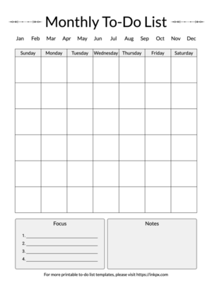 Printable Simple Calendar Style Monthly To Do List Template