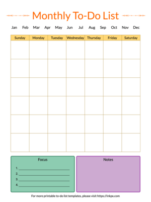 Printable Colorful Calendar Style Monthly To Do List Template
