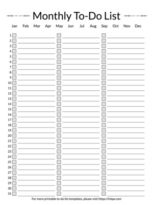 Printable Simple Compact Style Monthly To Do List Template