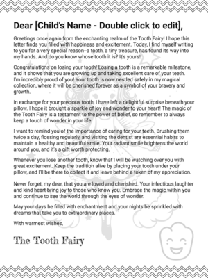 Free Printable Simple Style Black and White Tooth Fairy Letter Template