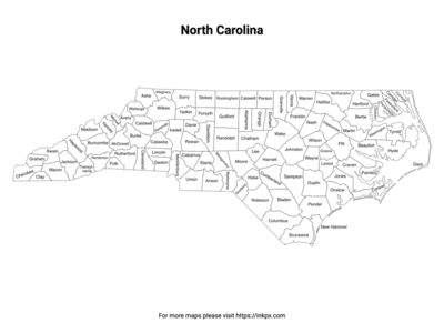 Printable Map of North Carolina County with Labels