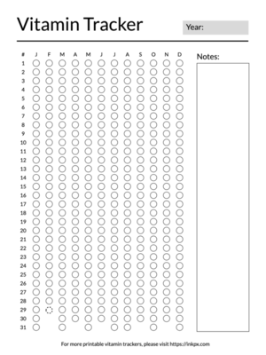 Printable Simple Checkbox Style Yearly Vitamin Tracker