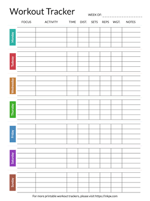 Printable Colorful Open Border Weekly Workout Tracker