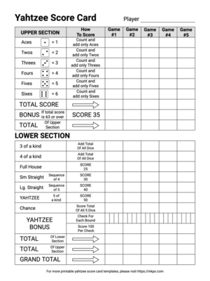 Free Printable Yahtzee Score Card Template