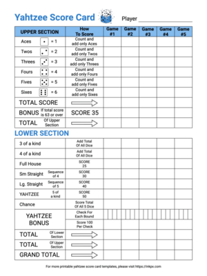 Printable Yahtzee Score Card